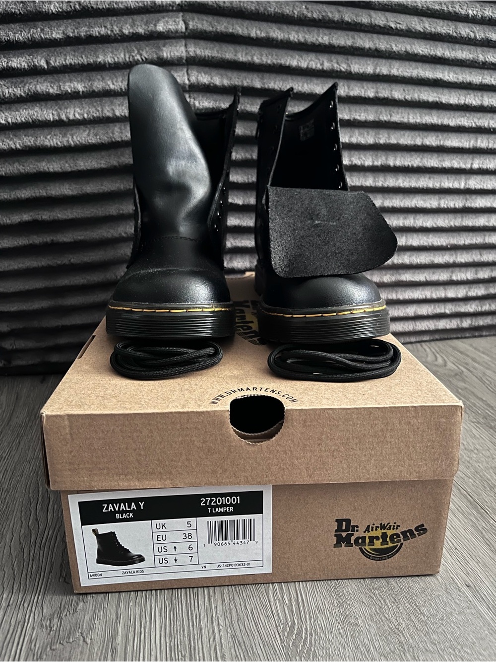 Dr. Martens Black Leather Lace-Up Zavala Y Boots with Yellow Stitching
